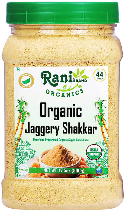 Rani Organic Jaggery Shakkar (Unrefined Evaporated Organic Sugar Cane Juice) 17.5oz (1.1lbs) 500g PET Jar ~ Gluten Friendly | Vegan | NON-GMO | Indian Product | USDA Certified Organic