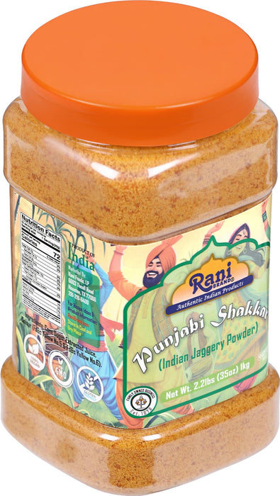 Rani Punjabi Shakkar (Gur Jaggery Powder) Indian Unrefined Raw Cane Sugar 35oz (2.2lbs) 1kg PET Jar ~ Gluten Friendly | Vegan | Kosher | NON-GMO | No Salt or fillers | Indian Product