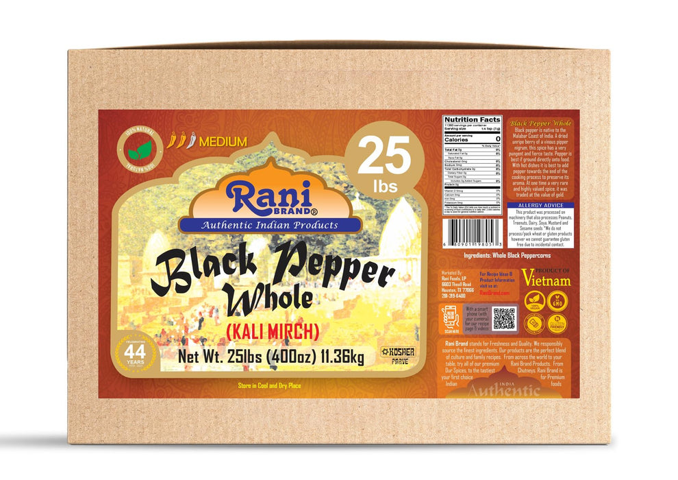 Rani Black Pepper Whole (Peppercorns), Premium MG-1 Grade 400oz (25lbs) 11.36kg Bulk Box ~ All Natural | Gluten Friendly | Non-GMO | Kosher | Perfect Size for Grinders!