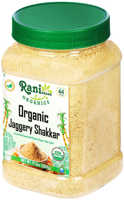 Rani Organic Jaggery Shakkar (Unrefined Evaporated Organic Sugar Cane Juice) 17.5oz (1.1lbs) 500g PET Jar ~ Gluten Friendly | Vegan | NON-GMO | Indian Product | USDA Certified Organic