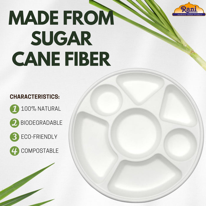 Rani 7 Compartment Round Biodegradable Divided Plates, Pack of 500 ~ Party, Thali, Buffet | Disposable & Eco-Friendly | Heavy-Duty Sturdy Paper Bagasse | Premium Quality | 11" Diameter, 1.38" Height