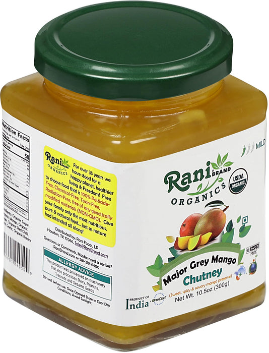 Rani Organic Major Grey Mango Chutney (Indian Preserve) 10.5oz (300g) Glass Jar, Ready to eat ~ All Natural | Vegan | Gluten Free | No Colors | NON-GMO | Kosher | Indian Origin | USDA Certified Organic