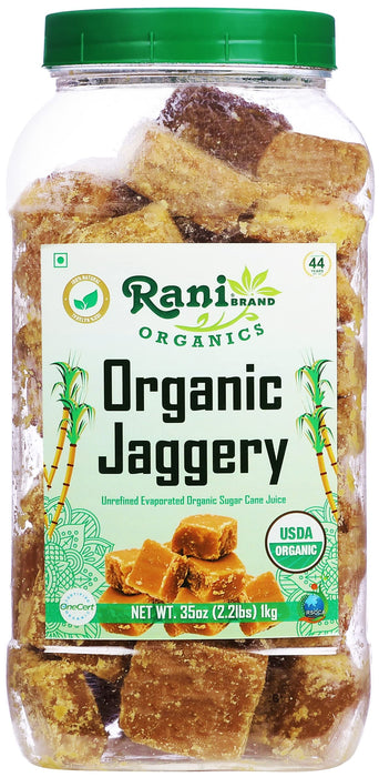 Rani Organic Jaggery (Unrefined Evaporated Organic Sugar Cane Juice) 35oz (2.2lbs) 1kg PET Jar ~ Gluten Friendly | Vegan | NON-GMO | No Salt or fillers | Indian Product | USDA Certified Organic