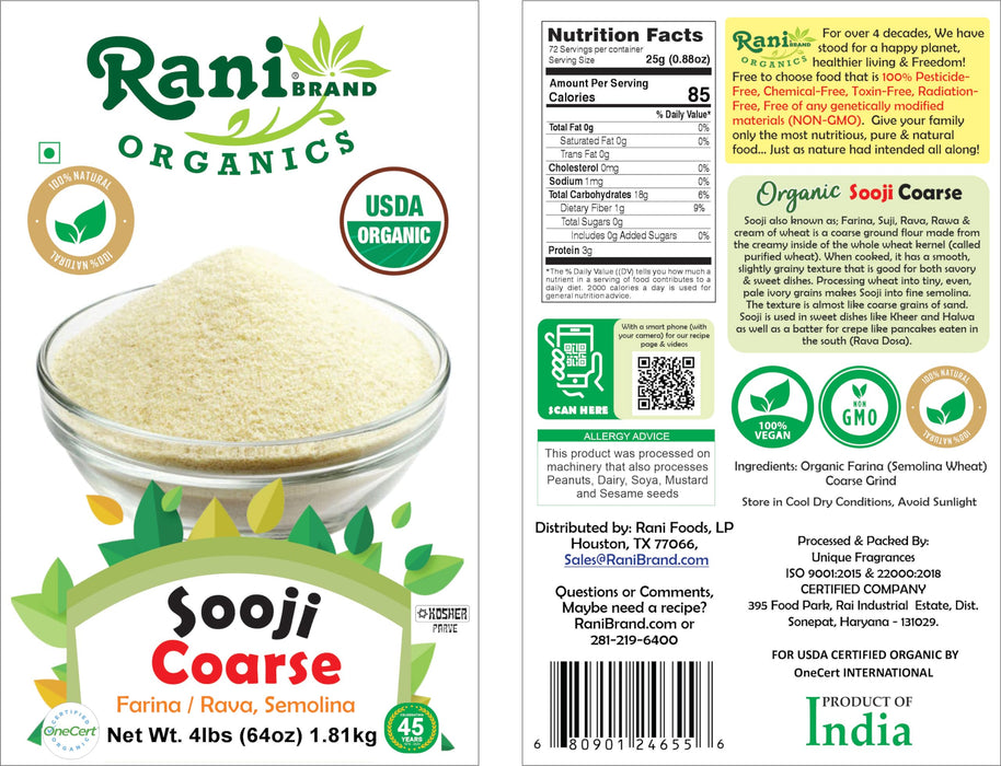Rani Organic Sooji Coarse (Farina, Suji, Rava, Rawa, Wheat Semolina) Flour 64oz (4lbs) 1.81kg Bulk ~ All Natural | Vegan | Gluten Friendly | NON-GMO | Indian Origin | USDA Certified Organic
