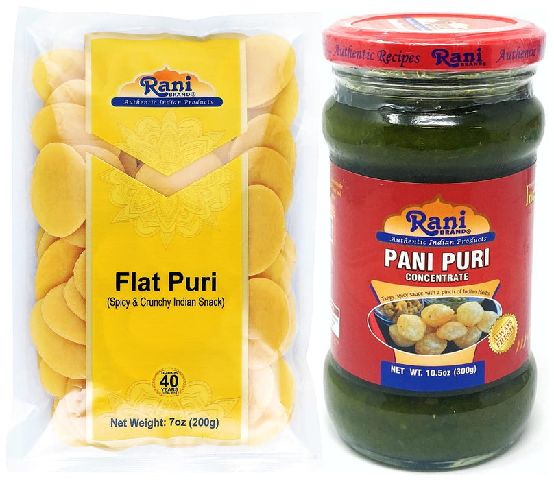 Rani Pani Puri Coins (Uncooked, Microwaveable wheat and Semolina Coins) 7oz (200g) with Pani Puri Concentrate (Sweet & Spicy to make Pani Water / Spicy Water) 10.5oz (300g) ~ All Natural | Vegan | NON-GMO