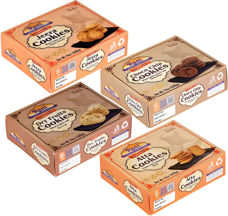 Rani Cookies Variety Pack of 4 (Jeera, Choco Chip, Dry Fruits, Atta) 14oz (400g) each, Premium Quality Indian Cookies ~ Vegan | Non-GMO | Indian Origin
