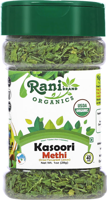 Rani Organic Fenugreek Leaves Dried (Kasoori Methi) 1oz (28g) PET Jar ~ All Natural | Vegan | Gluten Friendly | NON-GMO | Indian Origin | USDA Certified Organic