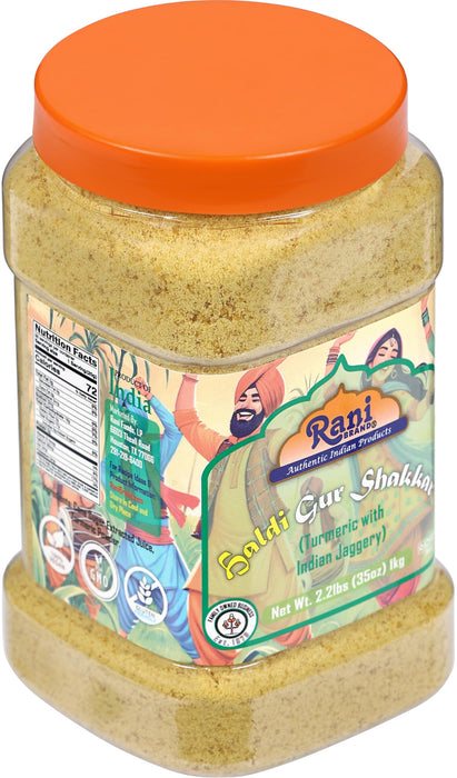 Rani Haldi Gur Shakkar (Turmeric with Indian Jaggery) Indian Unrefined Raw Cane Sugar 35oz (2.2lbs) 1kg PET Jar ~ Gluten Friendly | Vegan | NON-GMO | Kosher | No Salt or fillers | Indian Product