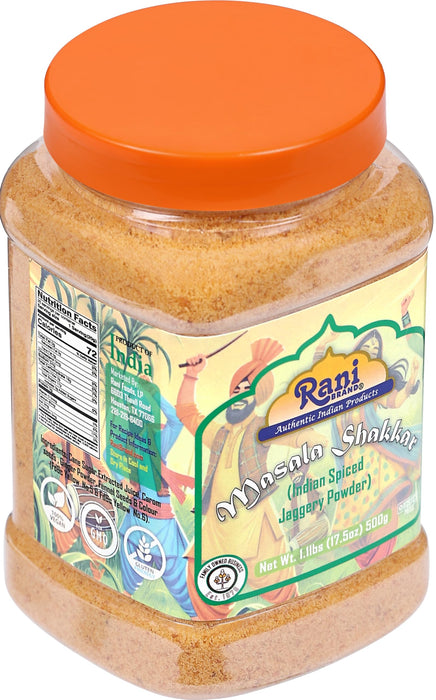 Rani Masala Shakkar (Indian Spiced Jaggery Powder) Unrefined Raw Cane Sugar 17.5oz (1.1lbs) 500g PET Jar ~ Gluten Friendly | Vegan | NON-GMO | Kosher | No Salt or fillers | Indian Product