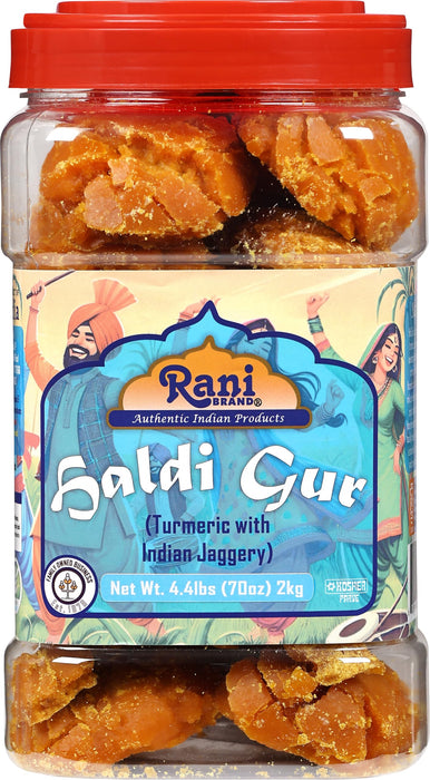 Rani Haldi Gur (Turmeric with Indian Jaggery) Indian Unrefined Raw Cane Sugar 70oz (4.4lbs) 2kg PET Jar ~ Gluten Friendly | Vegan | NON-GMO | Kosher | No Salt or fillers | Indian Product