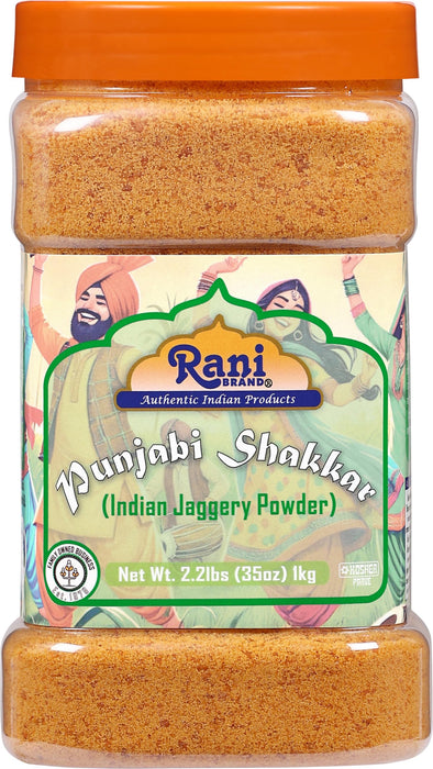 Rani Punjabi Shakkar (Gur Jaggery Powder) Indian Unrefined Raw Cane Sugar 35oz (2.2lbs) 1kg PET Jar ~ Gluten Friendly | Vegan | Kosher | NON-GMO | No Salt or fillers | Indian Product