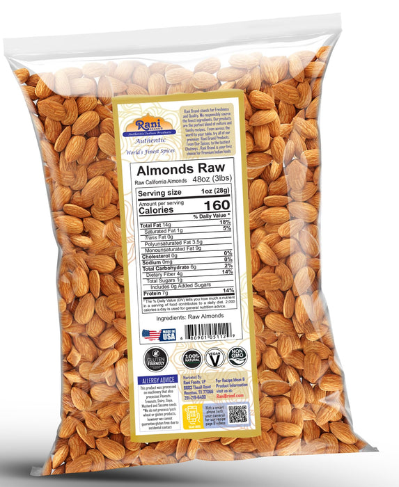 Rani Almonds, Raw Whole With Skin 48oz (3lbs) 1.36kg Bulk ~ All Natural | Vegan | Kosher | Gluten Friendly | Fresh Product of USA ~ California Shelled Almonds