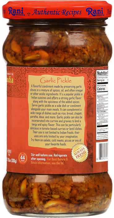 Rani Garlic Pickle Mild (Achar, Spicy Indian Relish) 10.5oz (300g) ~ Glass Jar, All Natural | Vegan | Gluten Free | NON-GMO | Kosher | No Color | Indian Origin