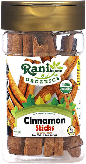 Rani Organic Cinnamon Sticks 1.4oz (40g) PET Jar - 7-9 Sticks - Strong Aroma, Perfect for Baking, Cooking & Beverages | 3+ Inches Length - Cassia Saigon Cinnamon from Vietnam | Kosher