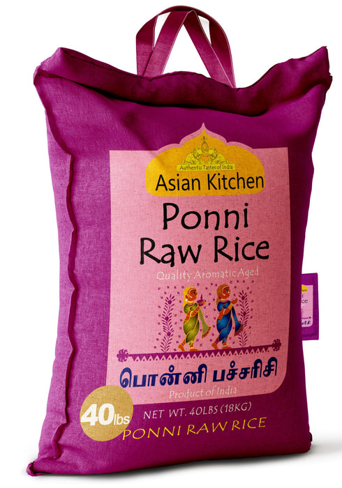 Asian Kitchen Ponni Raw Rice 40-Pound Bag, 40lbs (18.14kg) Short Grain Rice ~ All Natural | Gluten Friendly | Vegan | Indian Origin | Export Quality