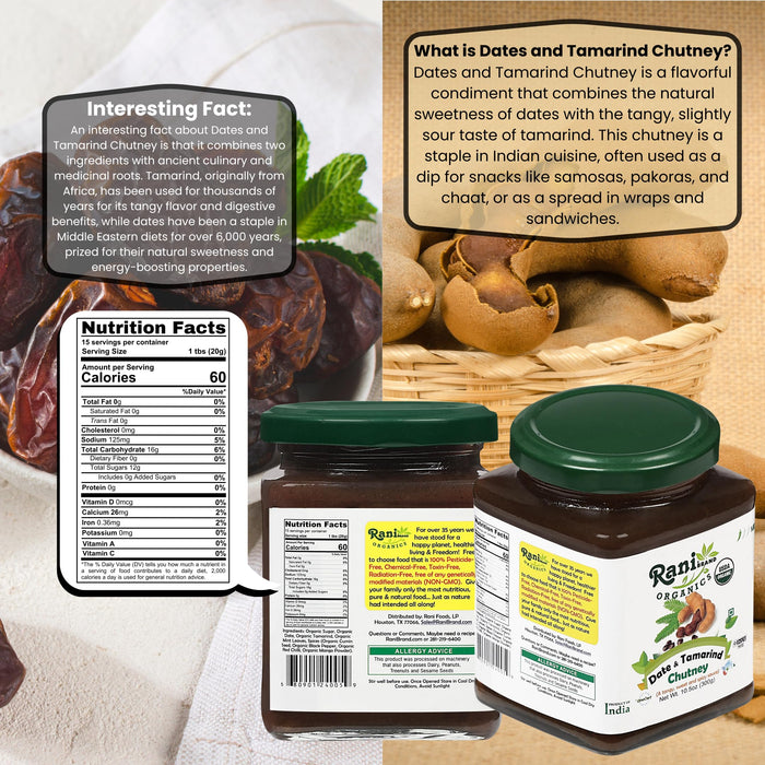 Rani Organic Dates & Tamarind (Imli) Chutney 10.5oz (300g) Glass Jar, Ready to eat, Vegan ~ Gluten Free | NON-GMO | Kosher | No Colors | Indian Origin | USDA Certified Organic