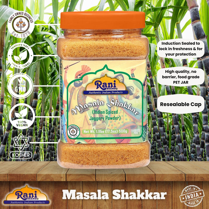 Rani Masala Shakkar (Indian Spiced Jaggery Powder) Unrefined Raw Cane Sugar 17.5oz (1.1lbs) 500g PET Jar ~ Gluten Friendly | Vegan | NON-GMO | Kosher | No Salt or fillers | Indian Product