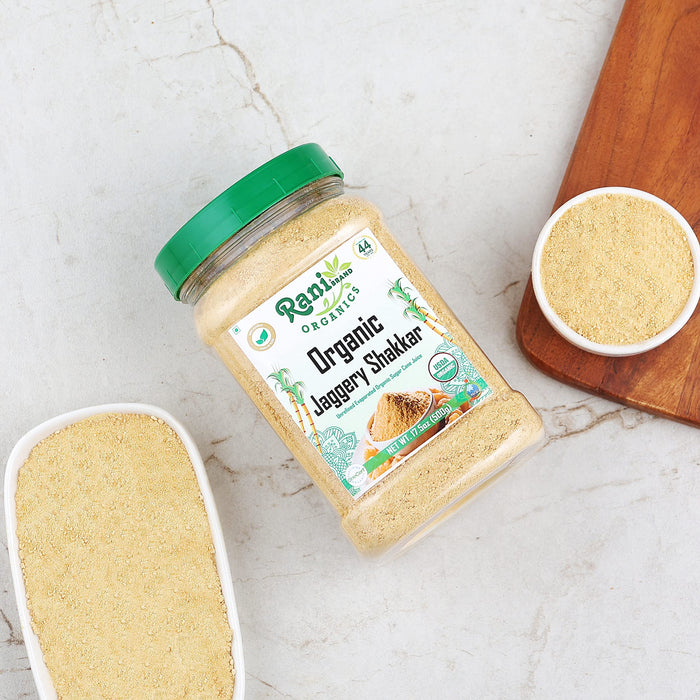 Rani Organic Jaggery Shakkar (Unrefined Evaporated Organic Sugar Cane Juice) 17.5oz (1.1lbs) 500g PET Jar ~ Gluten Friendly | Vegan | NON-GMO | Indian Product | USDA Certified Organic