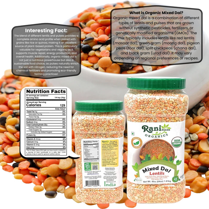 Rani Organic Mixed Dal (Chana Dal, Moong Dal, Toor Dal, Masoor Dal, Urad Dal) 64oz (4lbs) 1.81kg Bulk PET Jar ~ All Natural | Gluten Friendly | NON-GMO | Kosher | Vegan | Indian Origin | USDA Certified Organic