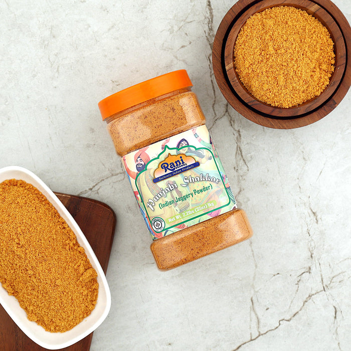 Rani Punjabi Shakkar (Gur Jaggery Powder) Indian Unrefined Raw Cane Sugar 35oz (2.2lbs) 1kg PET Jar ~ Gluten Friendly | Vegan | Kosher | NON-GMO | No Salt or fillers | Indian Product