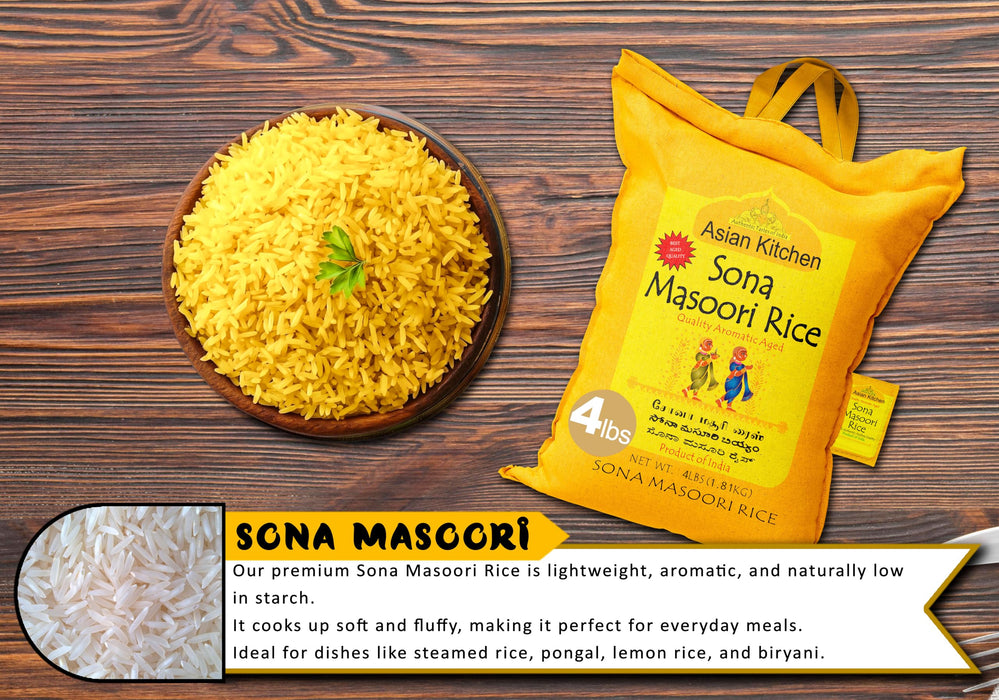 Asian Kitchen White Sona Masoori Aged Rice 4lbs (1.81kg) Short Grain Rice ~ All Natural | Gluten Friendly | Vegan | Indian Origin | Export Quality