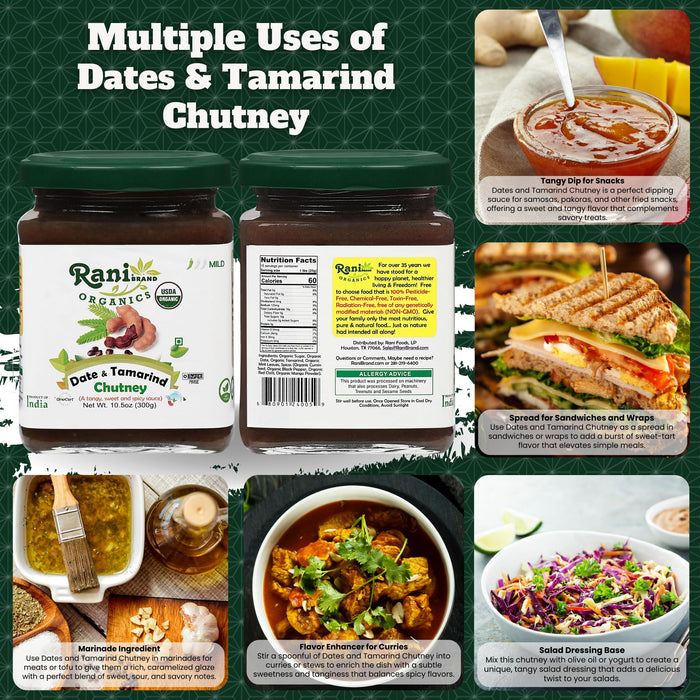 Rani Organic Dates & Tamarind (Imli) Chutney 10.5oz (300g) Glass Jar, Ready to eat, Vegan ~ Gluten Free | NON-GMO | Kosher | No Colors | Indian Origin | USDA Certified Organic