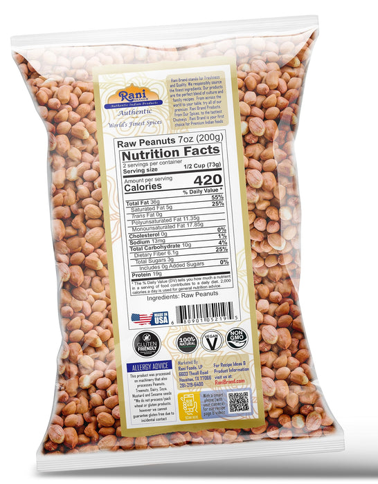 Rani Peanuts, Raw Whole With Skin (uncooked, unsalted) 7oz (200g) ~ All Natural | Vegan | Gluten Friendly | Kosher | Fresh Product of USA ~ Spanish Grade Groundnut / Red-skin