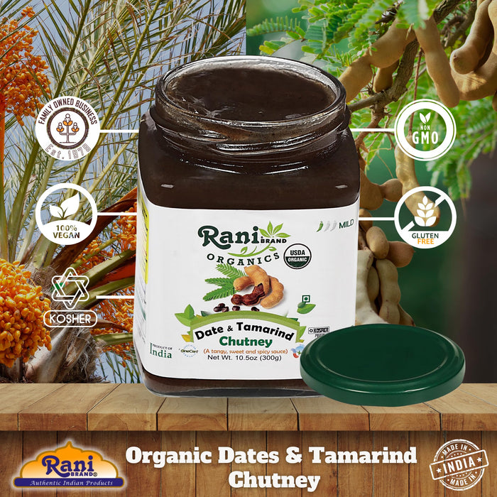 Rani Organic Dates & Tamarind (Imli) Chutney 10.5oz (300g) Glass Jar, Ready to eat, Vegan ~ Gluten Free | NON-GMO | Kosher | No Colors | Indian Origin | USDA Certified Organic