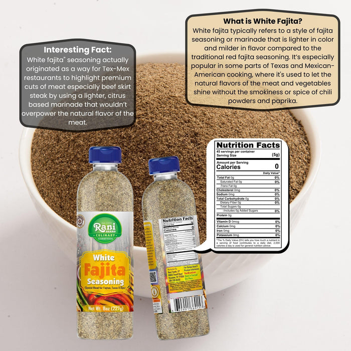 Rani White Fajita Seasoning (Special Blend for Fajitas, Tacos & Dips) 8oz (227g) PET Jar ~ All Natural | Gluten Friendly | NON-GMO | Kosher | Vegan | Product of USA