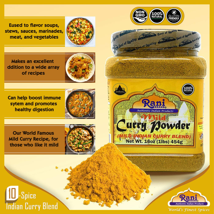Rani Curry Powder Mild (10-Spice Authentic Indian Blend) 16oz (1lb) 454g PET Jar ~ All Natural | Salt-Free | NO Chili or Peppers | Vegan | Kosher | No Colors