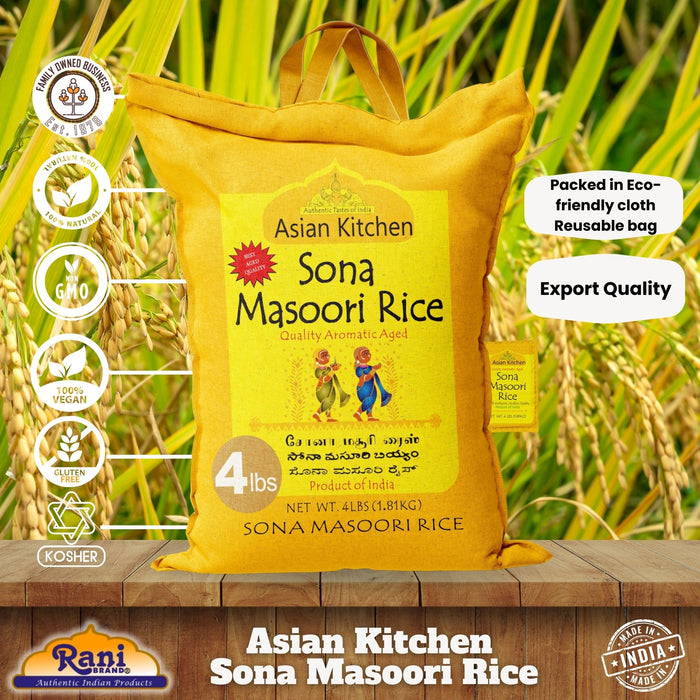 Asian Kitchen White Sona Masoori Aged Rice 4lbs (1.81kg) Short Grain Rice ~ All Natural | Gluten Friendly | Vegan | Indian Origin | Export Quality