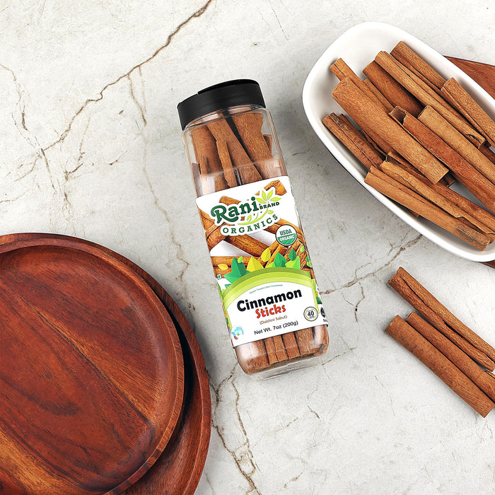 Rani Organic Cinnamon Sticks 7oz (200g) PET Jar - 36-44 Sticks - Strong Aroma, Perfect for Baking, Cooking & Beverages | 3+ Inches Length - Cassia Saigon Cinnamon from Vietnam | Kosher