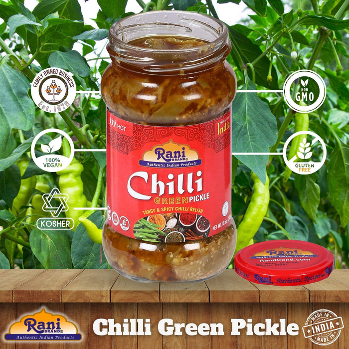 Rani Green Chilli Pickle Hot (Achar, Spicy Indian Relish) 10.5oz (300g)  ~ Glass Jar, Natural | Vegan | Gluten Free | NON-GMO | Kosher | No Colors