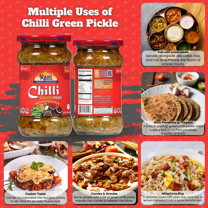 Rani Green Chilli Pickle Hot (Achar, Spicy Indian Relish) 10.5oz (300g)  ~ Glass Jar, Natural | Vegan | Gluten Free | NON-GMO | Kosher | No Colors