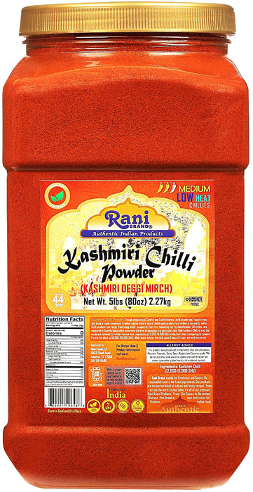 Rani Kashmiri Chilli Powder (Deggi Mirch,Low Heat) Ground Indian Spice 80oz (5lbs) 2.27kg PET Jar ~ All Natural | Salt-Free | Vegan | Kosher | Gluten Friendly | Perfect for Deviled Eggs & Other Low Heat Dishes