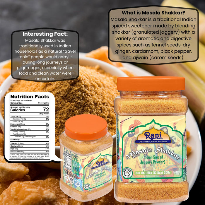 Rani Masala Shakkar (Indian Spiced Jaggery Powder) Unrefined Raw Cane Sugar 17.5oz (1.1lbs) 500g PET Jar ~ Gluten Friendly | Vegan | NON-GMO | Kosher | No Salt or fillers | Indian Product