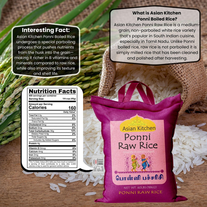 Asian Kitchen Ponni Raw Rice 40-Pound Bag, 40lbs (18.14kg) Short Grain Rice ~ All Natural | Gluten Friendly | Vegan | Indian Origin | Export Quality