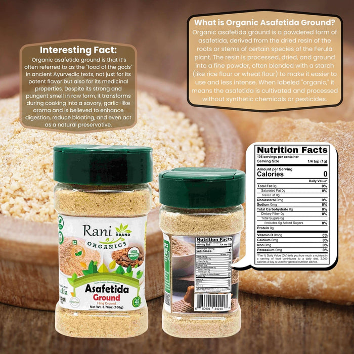 Rani Organic Asafetida (Hing) Ground 3.75oz (106g) PET Jar ~ All Natural | Salt Free | Vegan | Non-GMO | Kosher | Asafoetida Indian Spice | Best for Onion Garlic Substitute | USDA Certified Organic