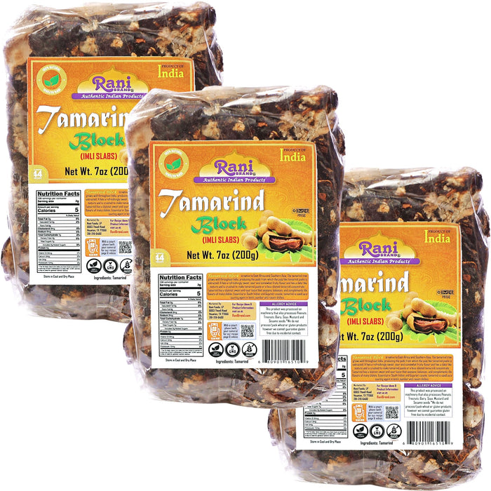 Rani Tamarind Block (Imli Slab) 7oz (200g), Pack of 3 ~ All Natural | No added sugar | Vegan | Gluten Friendly | NON-GMO | Kosher | Indian Origin
