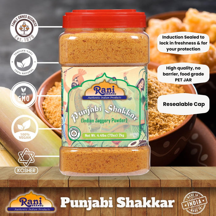 Rani Punjabi Shakkar (Gur Jaggery Powder) Indian Unrefined Raw Cane Sugar 70oz (4.4lbs) 2kg PET Jar ~ Gluten Friendly | Vegan | NON-GMO | Kosher | No Salt or fillers | Indian Product