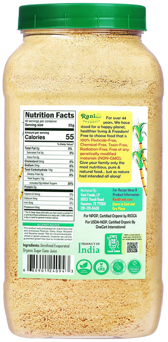 Rani Organic Jaggery Shakkar (Unrefined Evaporated Organic Sugar Cane Juice) 35oz (2.2lbs) 1kg PET Jar ~ Gluten Friendly | Vegan | NON-GMO | No Salt or fillers | Indian Product | USDA Certified Organic