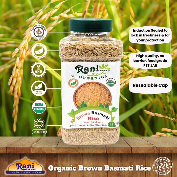 Rani Organic Brown Basmati Rice Extra Long Aged 28oz (1.75lbs) 800g PET Jar ~ All Natural | Gluten Friendly | Vegan | Indian Origin | Kosher | Export Quality | USDA Certified Organic