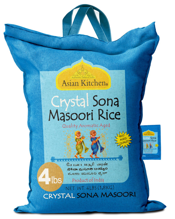 Asian Kitchen Crystal Sona Masoori Aged Rice 4lbs (1.81kg) Short Grain Rice ~ All Natural | Gluten Friendly | Vegan | Indian Origin | Export Quality
