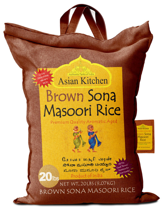 Asian Kitchen Brown Sona Masoori Aged Rice 20lbs (9.08kg) Short Grain Rice ~ All Natural | Gluten Friendly | Vegan | Kosher | Indian Origin | Export Quality