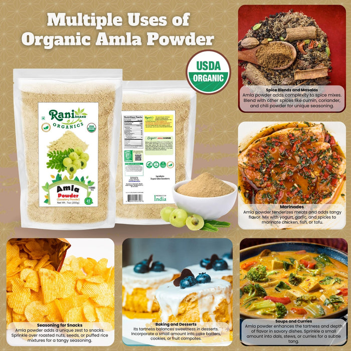 Rani Organic Amla Powder (Gooseberry Powder) 7oz (200g) ~ All Natural | No Color | Gluten Friendly | Vegan | NON-GMO | Kosher | No Salt or fillers | Indian Origin | USDA Organic Certified