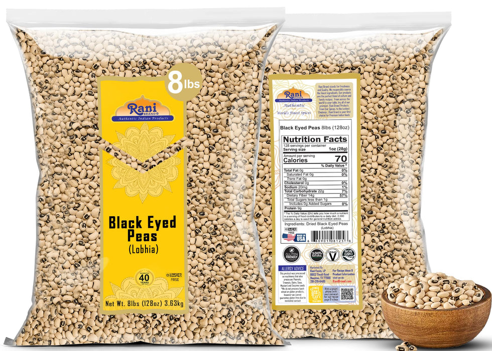 Rani Black Eyed Peas, Dried (Lobhia) 128oz (8lbs) 3.63kg Bulk ~ All Natural | Vegan | Kosher | Gluten Friendly | Product of USA