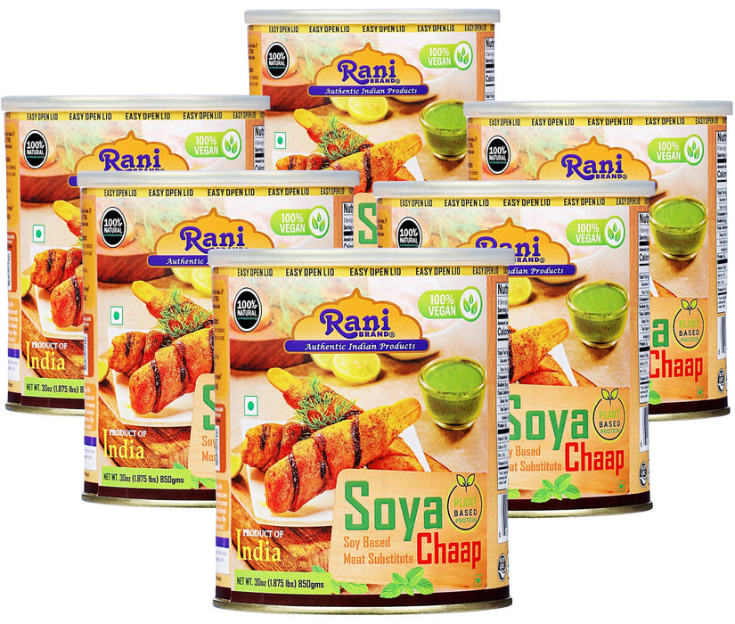 Rani Soya Chaap (Plant Based Protein) 30oz (1.875lbs) 850g, Pack of 6 ~ Easy Open Lid | All Natural | Vegan | No Colors | NON-GMO | Indian Origin | Soy Based Meat Substitute