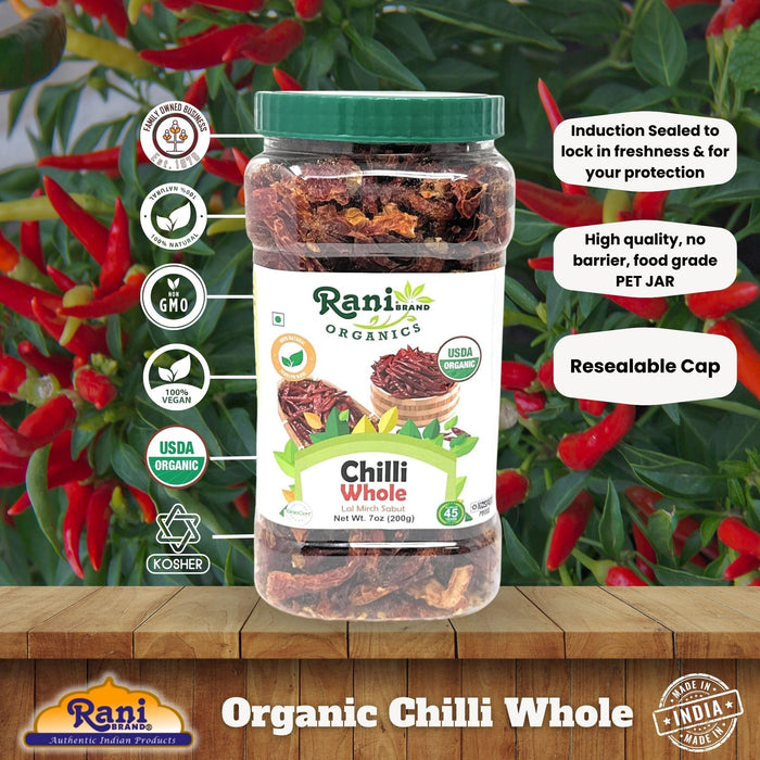 Rani Organic Chilli Whole (Lal Mirch Sabut) 7oz (200g) PET Jar ~ All Natural | Vegan | No Colors | Gluten Friendly | NON-GMO | Kosher | USDA Organic Certified