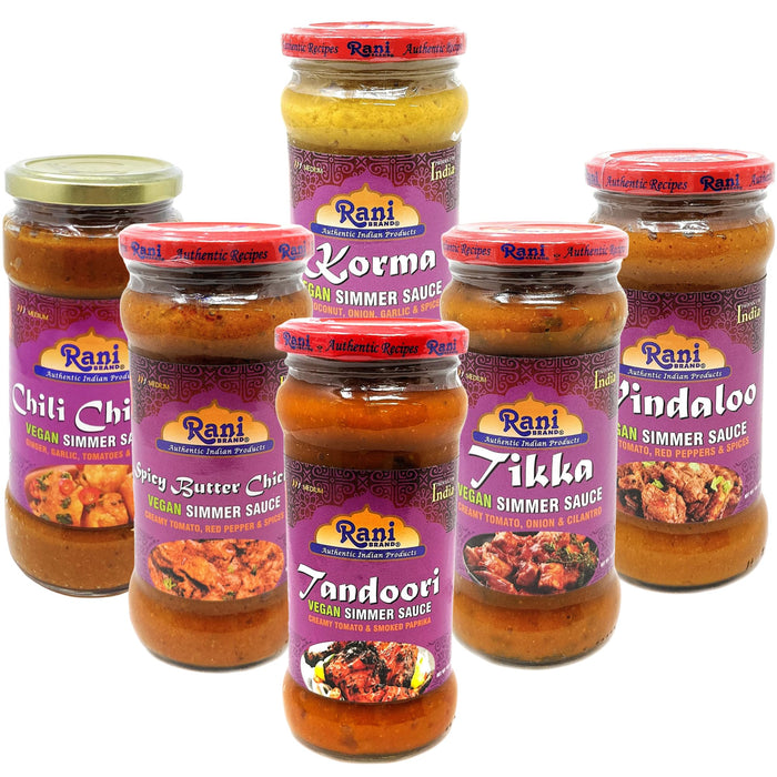 Rani Curry Vegan Simmer Sauces 6-Pack Variety (Tandoori, Tikka, Vindaloo, Korma, Chilli Chicken, Spicy Butter Chicken) 14oz (400g) Glass Jar ~ Easy to Use | All Natural | Gluten Free | Indian Origin