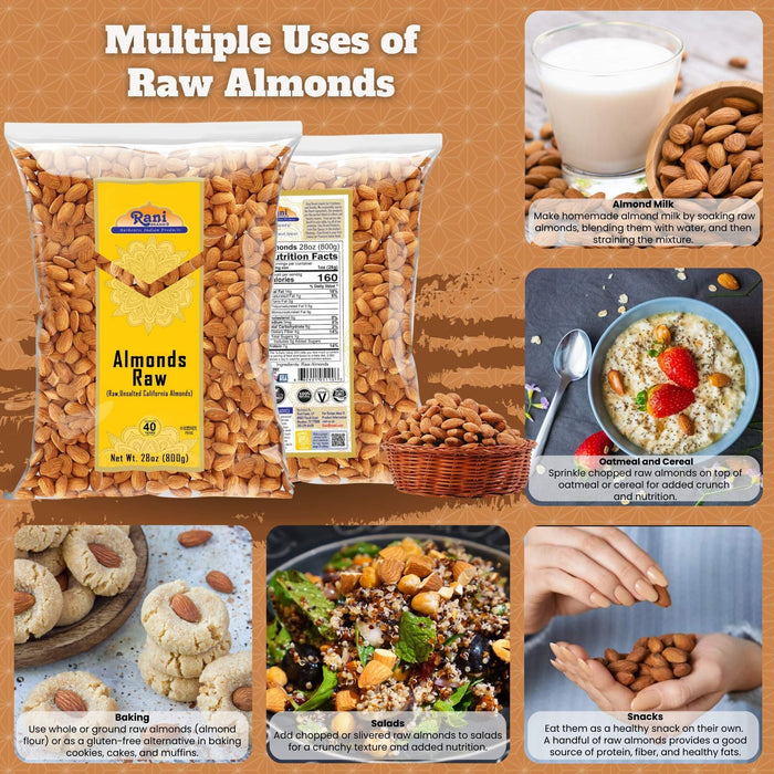 Rani Almonds, Raw Whole With Skin 28oz (800g) ~ All Natural | Vegan | Kosher | Gluten Friendly | Fresh Product of USA ~ California Shelled Almonds